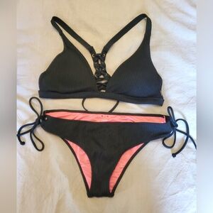 Victoria's Secret Black Bikini Set with Lace-up Detail Straps
